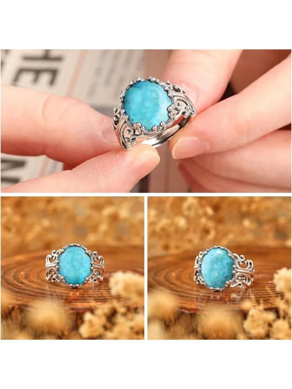 Vintage Turquoise Adjustable Ring for Women | 925 Sterling Silver Filigree